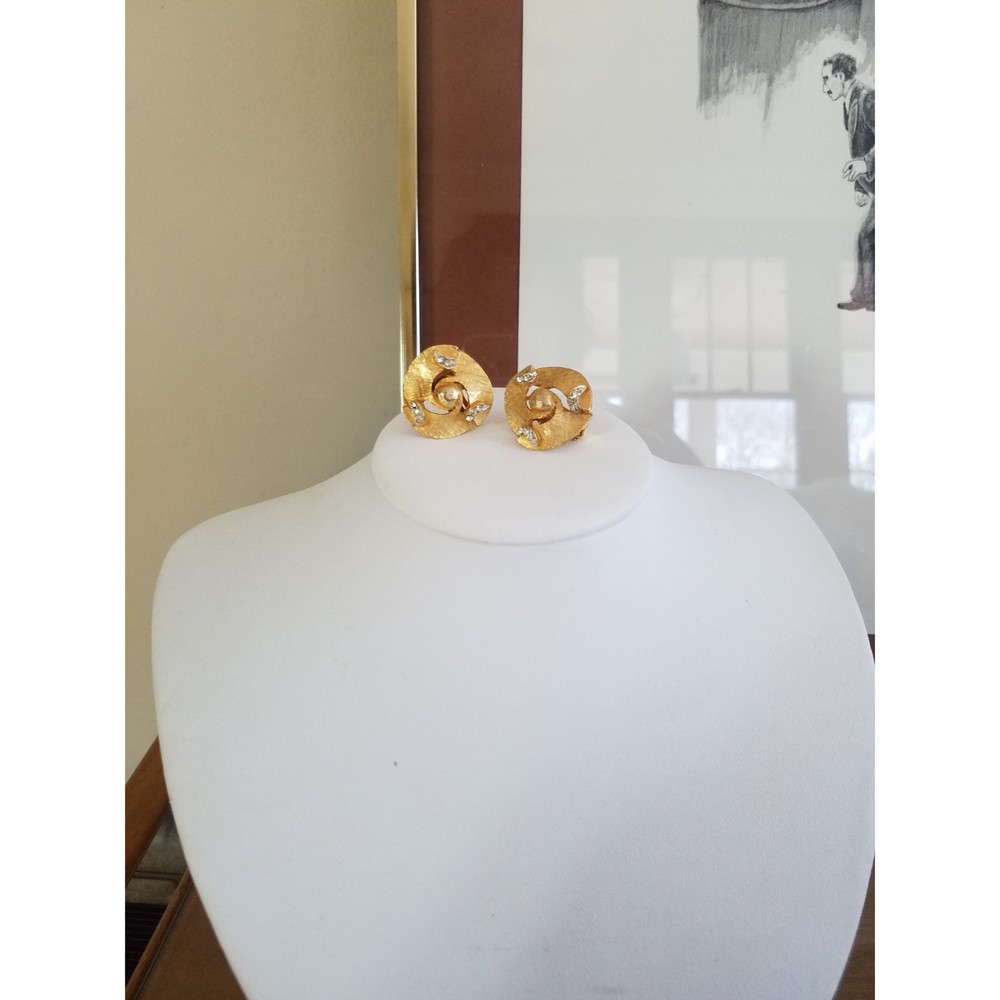 Gold Swirl with Crystal Rhinestones Clip-on Earrings B.S.N. Marked Earrings